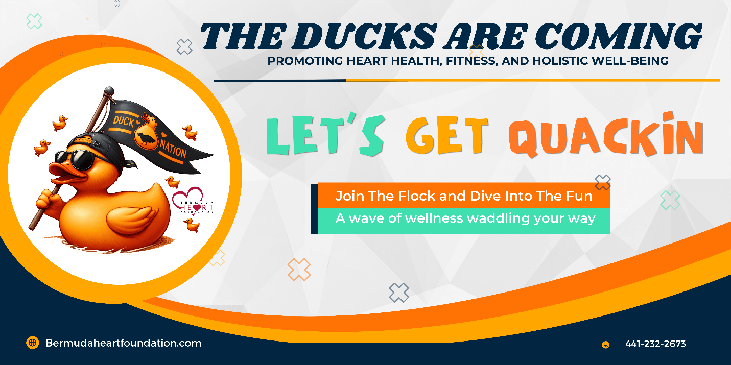Cartoon duck wearing sunglasses and holding a flag labeled "Duck Nation," promoting a heart health wellness event with playful text.
