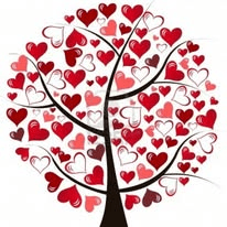 Heart-shaped leaves adorn a whimsical tree, symbolizing love and affection, making it ideal for romantic events or themed content.