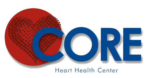 Logo for CORE Heart Health Center featuring a red heart design and bold blue text. Represents a focus on cardiovascular health services.