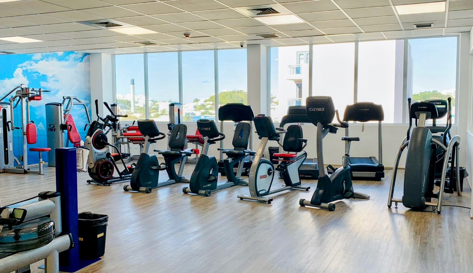 Modern gym interior showcasing various exercise machines and equipment, with large windows providing natural light and a view of the outdoors.