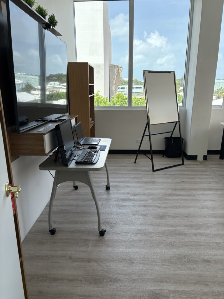 Spacious office with wood flooring, large windows, a flip chart, wall-mounted TV, and a desk with dual monitors, keyboard, and mouse. Bright and modern.