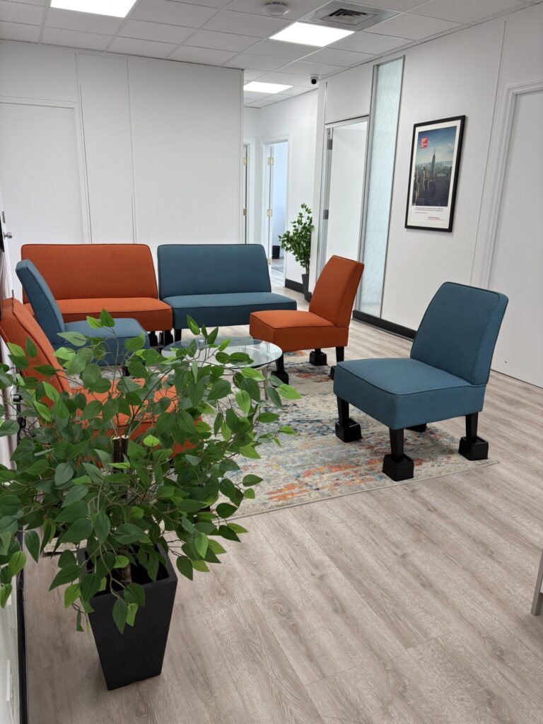 Modern office waiting area with blue and orange chairs on a colorful rug. A large potted plant adds greenery, and a framed cityscape adorns the wall.